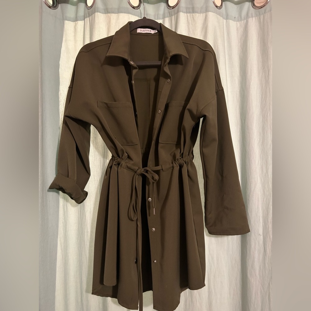 Just fab olive green sm jacket dress snap front draw string